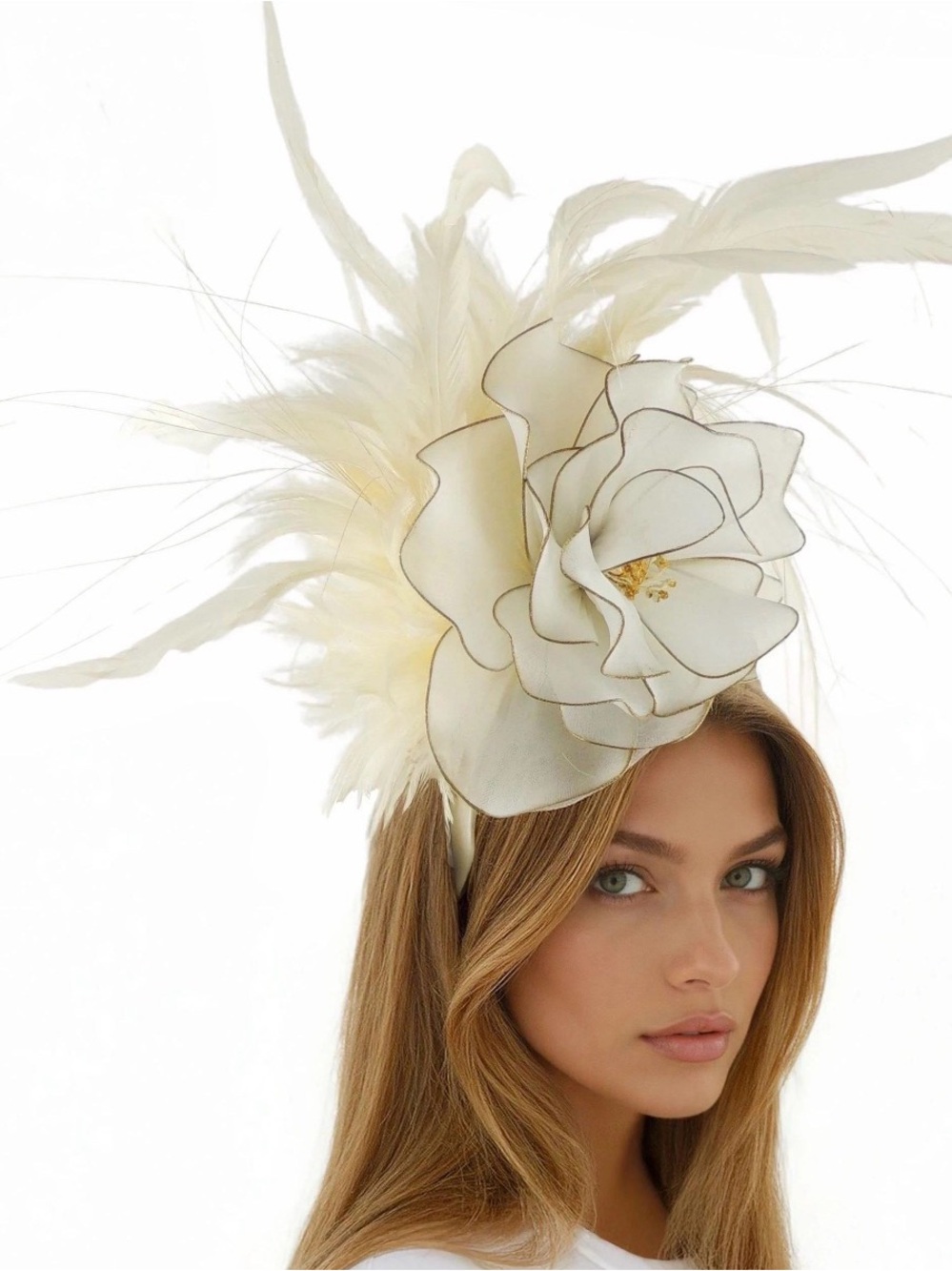 Elegant Ivory & Gold Floral Feather Fascinator - Picture 2 of 3